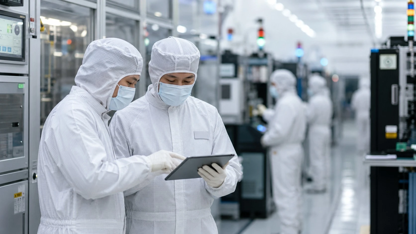 Engineers using tablet in semiconductor cleanroom